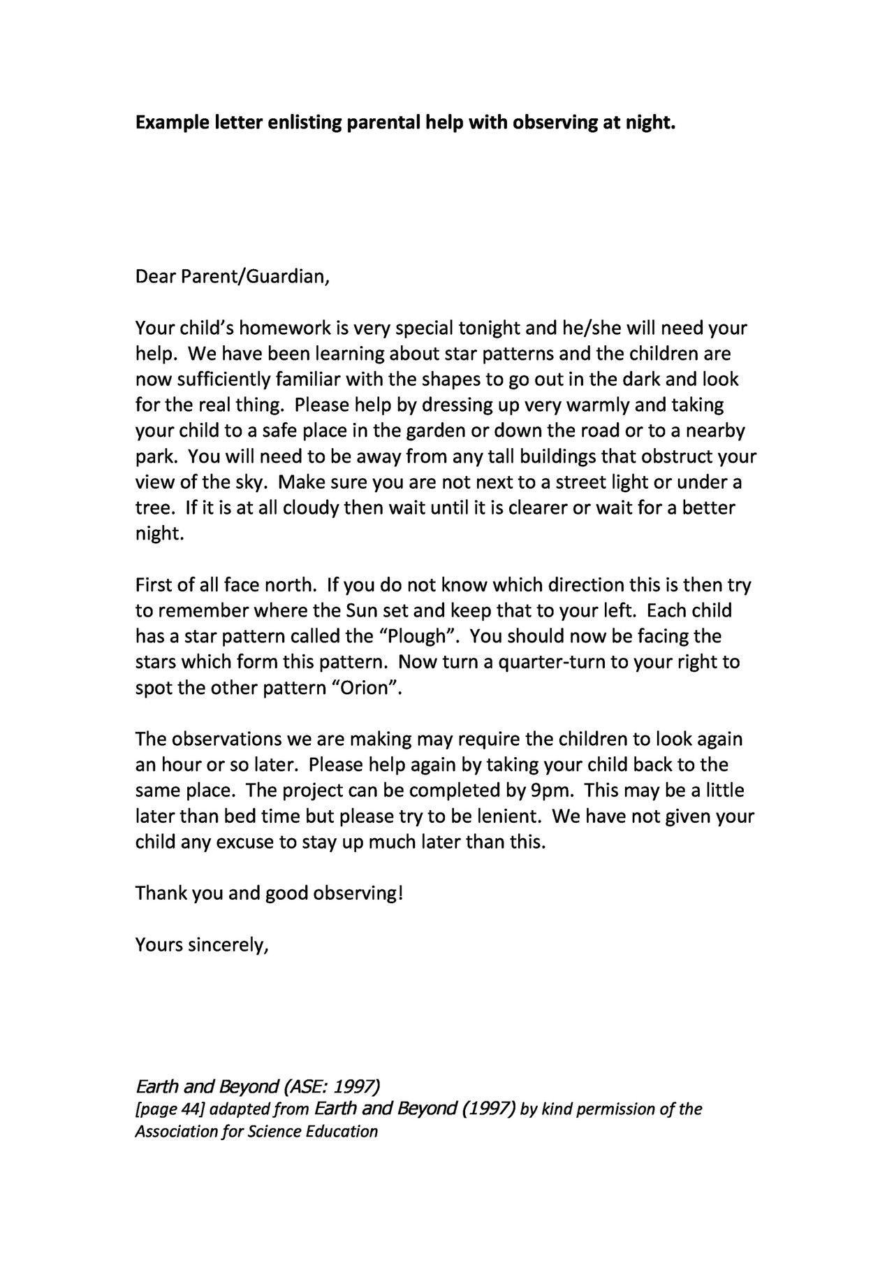 Parent letter regarding homework